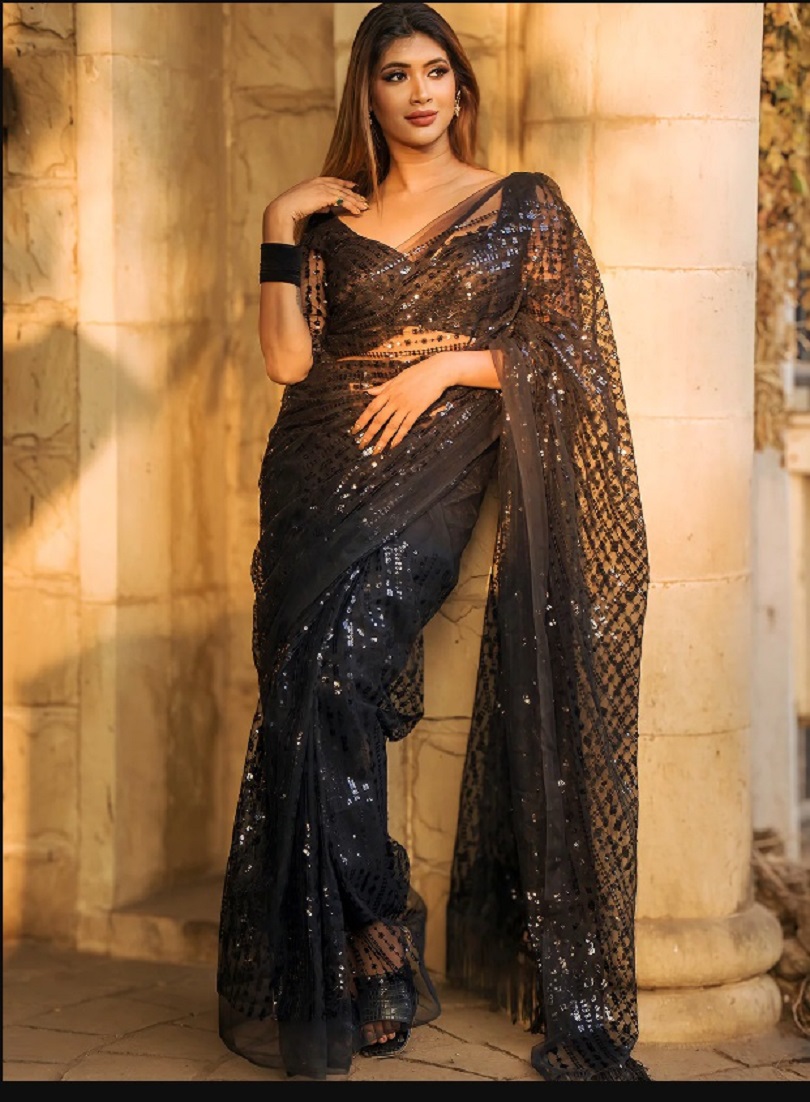 Elegant Black Soft Net Sequin Saree with Unstitched Blouse – Wedding & Party Collection