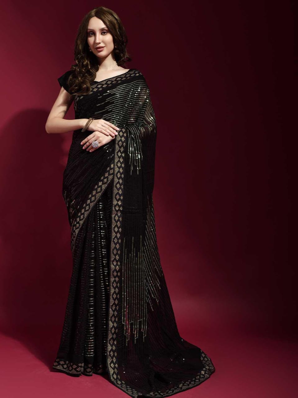 Designer Black Georgette Saree with Golden Multi Sequin Work – Wedding & Party Wear