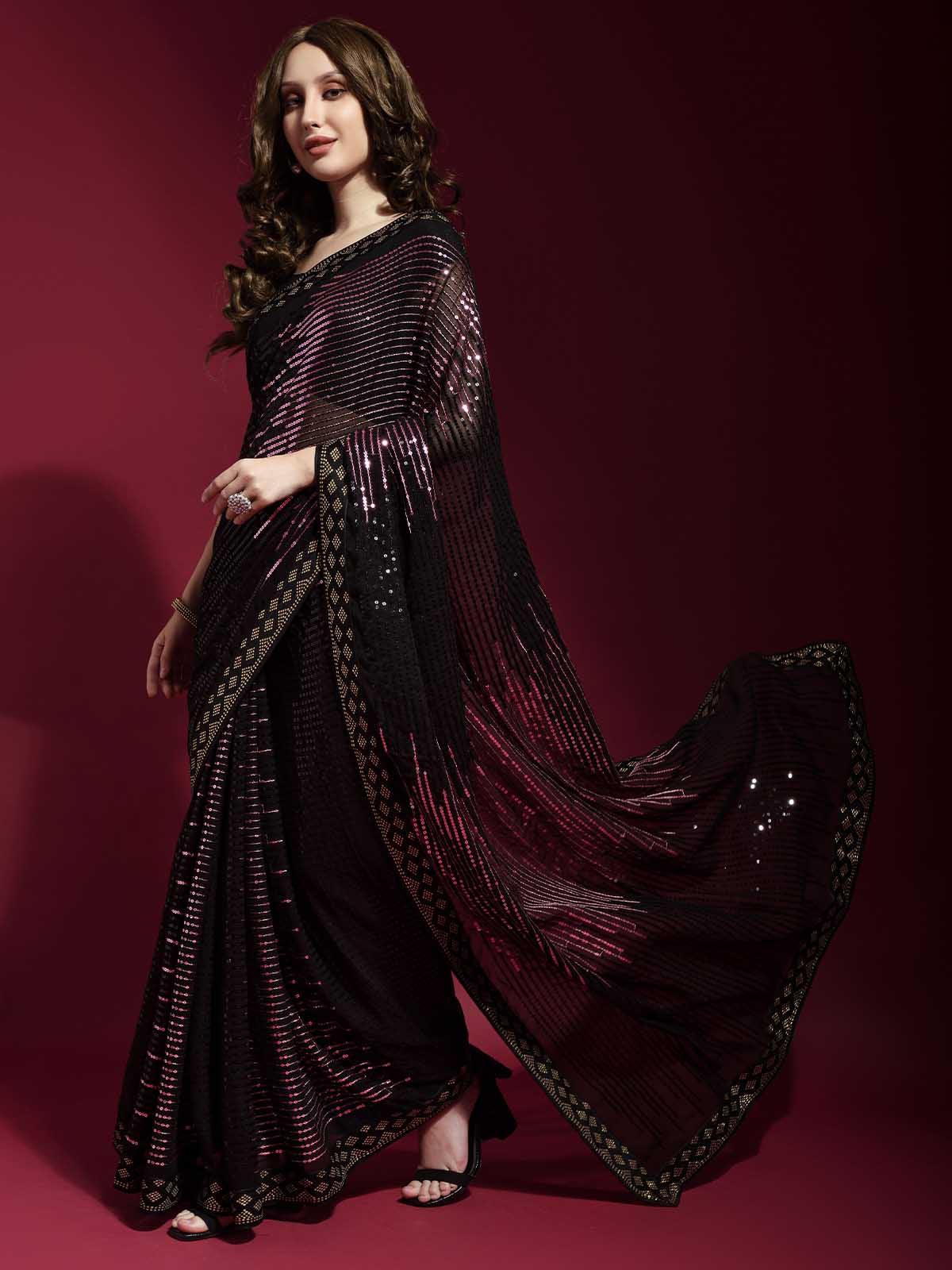 Premium Pink Georgette Saree with Multi Sequin Embroidery for Weddings, Receptions, Parties, and Festive Wear