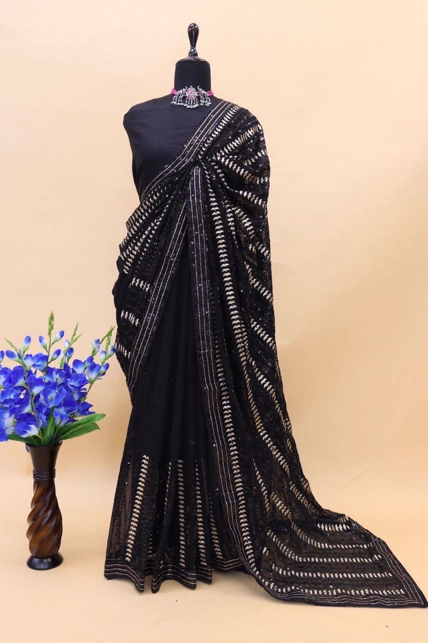Elegant Black Sequin Thread Work Wedding Saree with Unstitched Art Silk Blouse